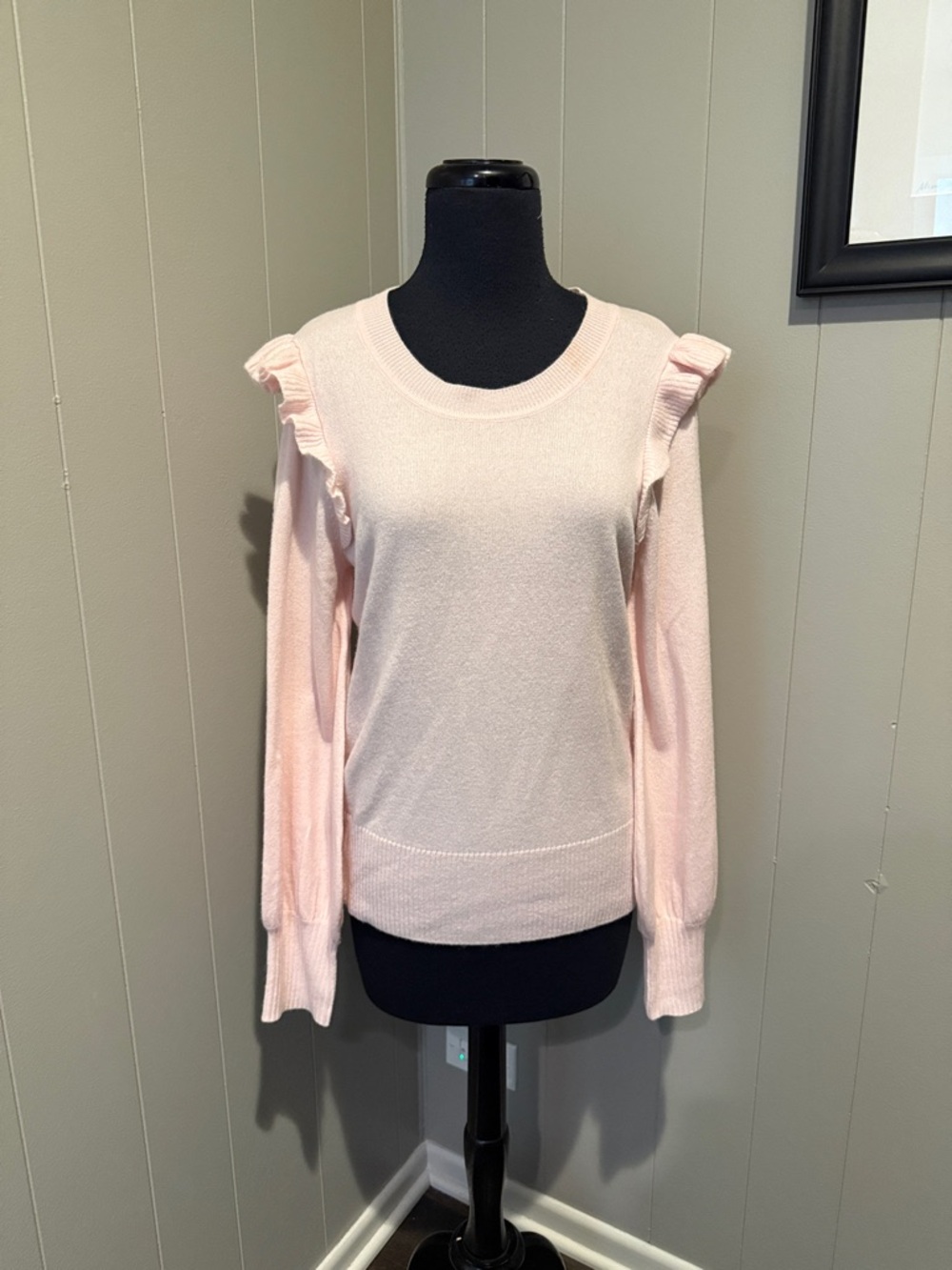 Qi Cashmere Womens Medium Pale Pink Ruffle-Shoulder Crew Neck Sweater